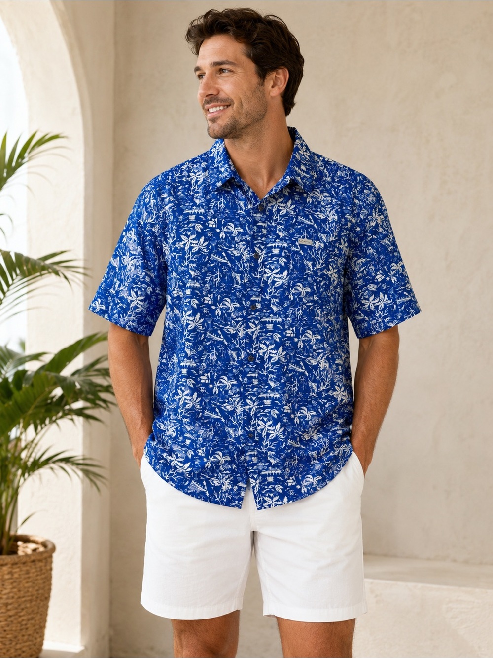 Men's Blue Tropical Print Short-Sleeve Button-Down Shirt